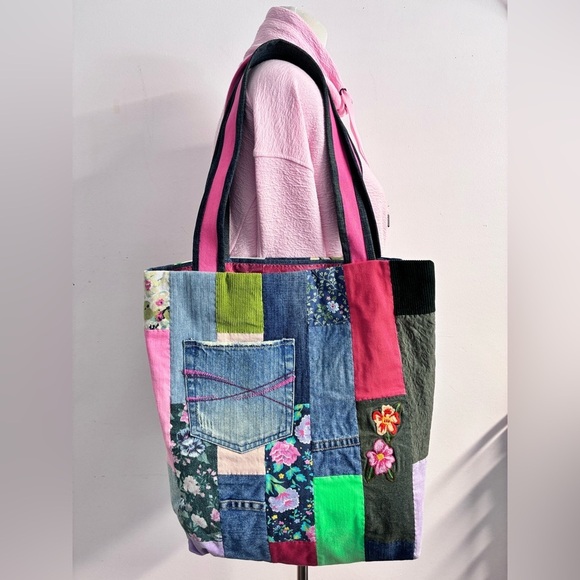 Handbags - Handmade/Upcycled Shoulder/Tote, 17” x 15”, Multicolored, Floral, Denim
